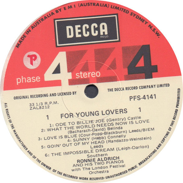 Ronnie Aldrich And His Two Pianos* With The London Festival Orchestra* : For Young Lovers (LP, Album)