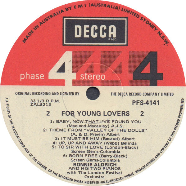 Ronnie Aldrich And His Two Pianos* With The London Festival Orchestra* : For Young Lovers (LP, Album)