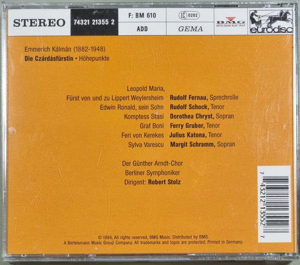 Emmerich Kálmán, Margit Schramm, Rudolf Schock, Dorothea Chryst, Ferry Gruber, Berliner Symphoniker, Robert Stolz : Die Csárdásfürstin (CD, Album)