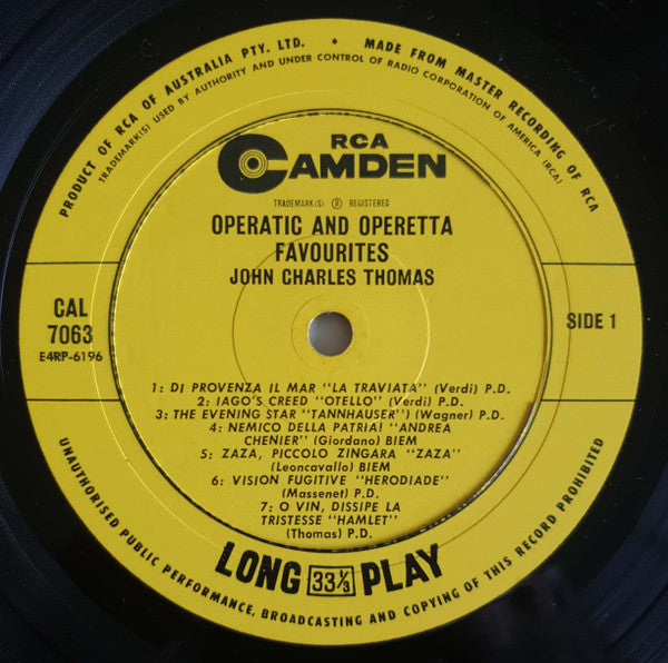 John Charles Thomas : Operatic And Operetta Favourites  (LP, Mono)