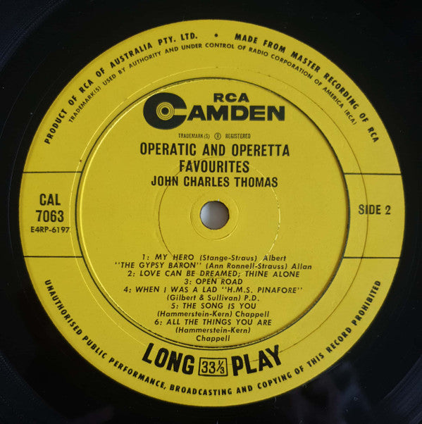 John Charles Thomas : Operatic And Operetta Favourites  (LP, Mono)