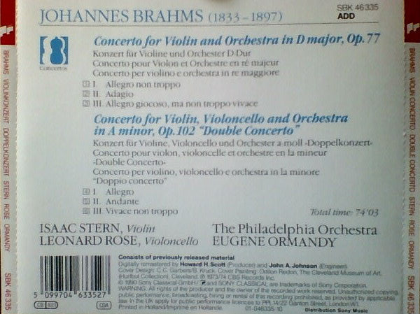 Johannes Brahms, Isaac Stern, Leonard Rose, The Philadelphia Orchestra, Eugene Ormandy : Violin Concerto / Concerto For Violin And Cello (CD, Album, Comp, RE, RM)