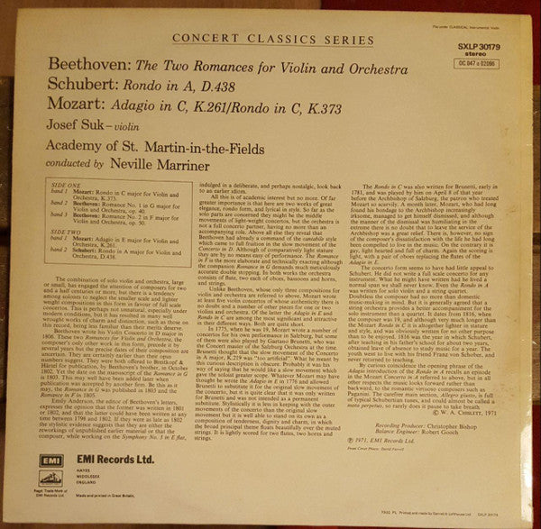 Ludwig van Beethoven / Wolfgang Amadeus Mozart / Franz Schubert / Josef Suk / Sir Neville Marriner / The Academy Of St. Martin-in-the-Fields : Romances 1 & 2 / Adagio In E & Rondo In C / Rondo In A (LP)