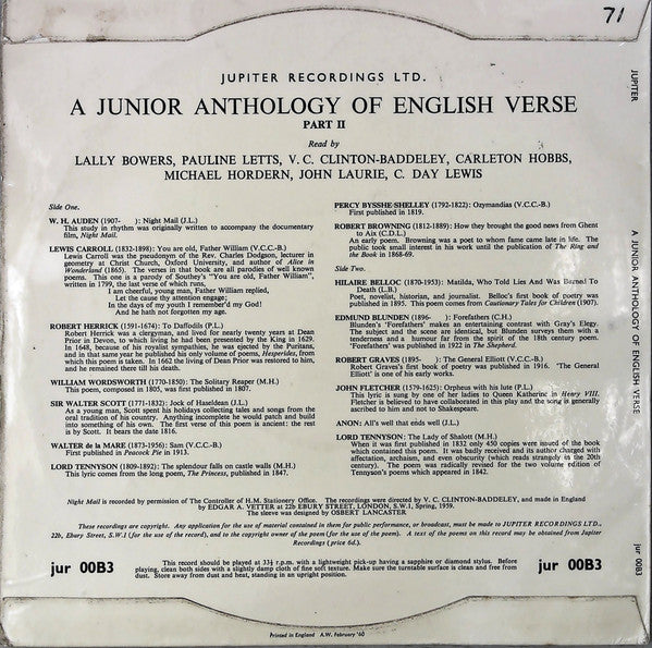 Various : A Junior Anthology Of English Verse Part II (10")