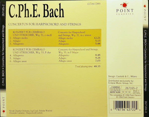 Slovak Chamber Orchestra, Bohdan Warchal, Alexander Cattarino, Carl Philipp Emanuel Bach : Concertos for Harpsichord and Strings (CD, Comp)