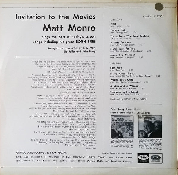 Matt Monro : Born Free (Invitation To The Movies) (LP)
