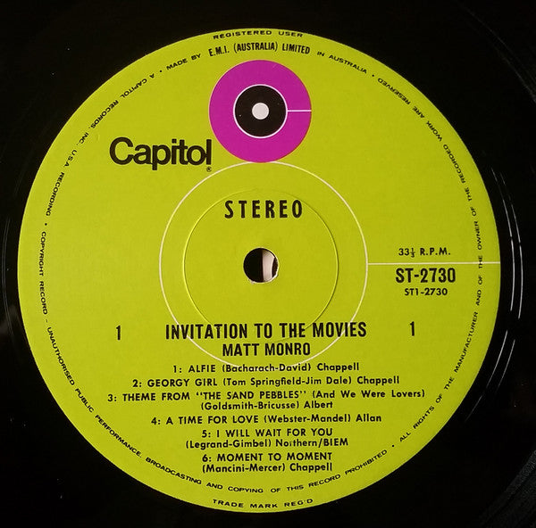 Matt Monro : Born Free (Invitation To The Movies) (LP)
