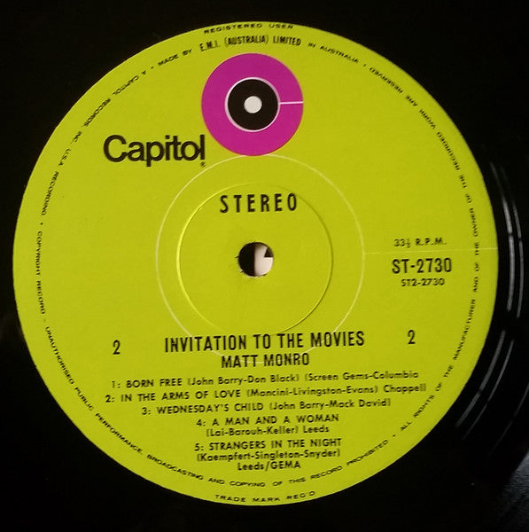 Matt Monro : Born Free (Invitation To The Movies) (LP)