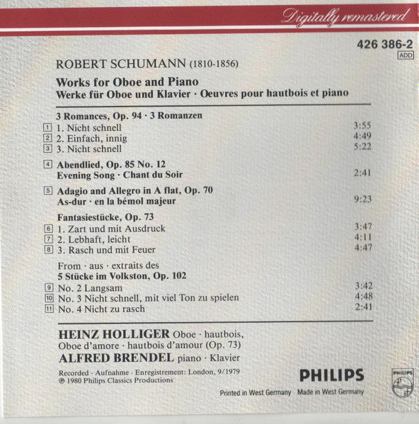 Schumann* - Heinz Holliger · Alfred Brendel : Works For Oboe And Piano  (CD, Album)