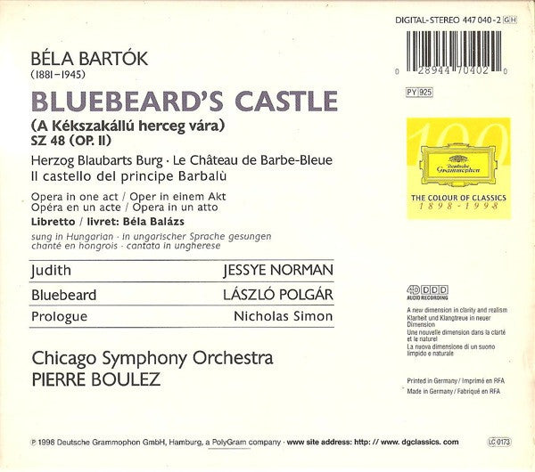 Béla Bartók - Jessye Norman · László Polgár · Chicago Symphony Orchestra · Pierre Boulez : Bluebeard's Castle (CD, Album + Box, Sli)