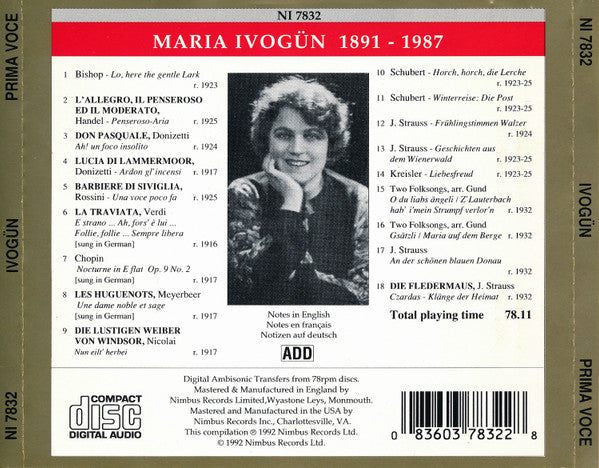 Ivogün* : Prima Voce (CD, Album, Comp, Mono)