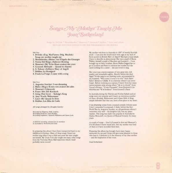 Joan Sutherland : Songs My Mother Taught Me (LP, Album, Club)