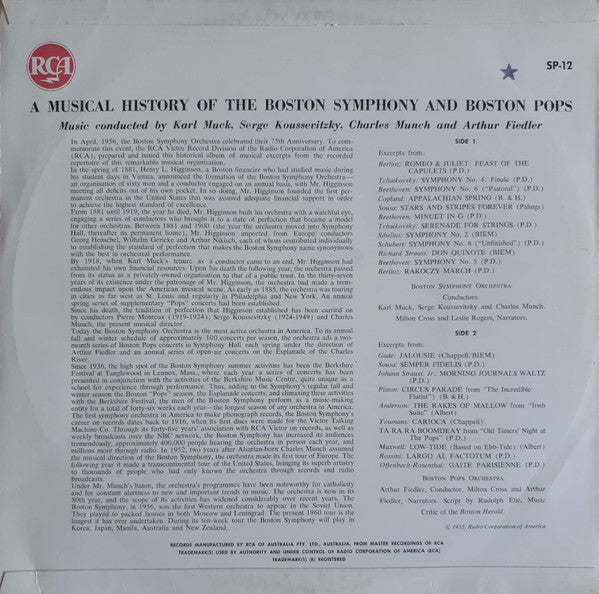 Karl Muck, Serge Koussevitzky, Charles Munch And Arthur Fiedler : A Musical History Of The Boston Symphony & Boston Pops (LP, Comp, Mono)