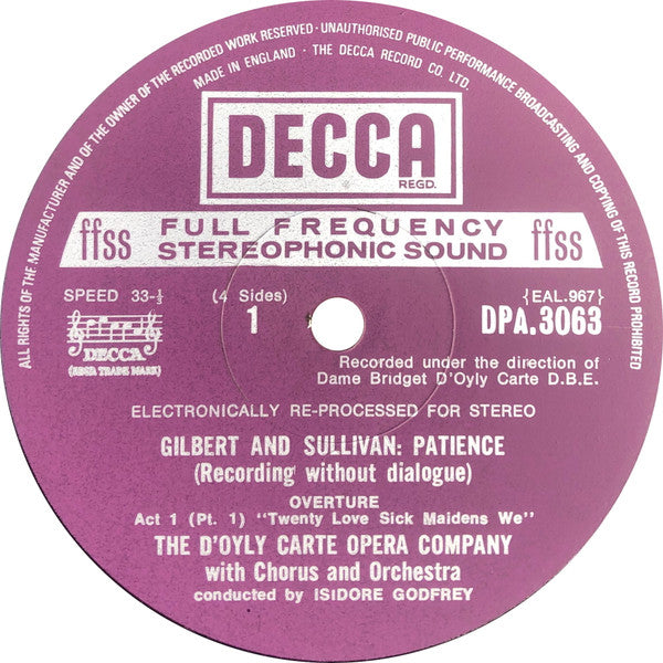 Gilbert And Sullivan*, D'Oyly Carte Opera Company, Isidore Godfrey : Patience (2xLP)