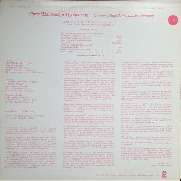 Giovanni Paisiello, Tommaso Giordani : Three Harpsichord Concertos (LP, Album, Club)