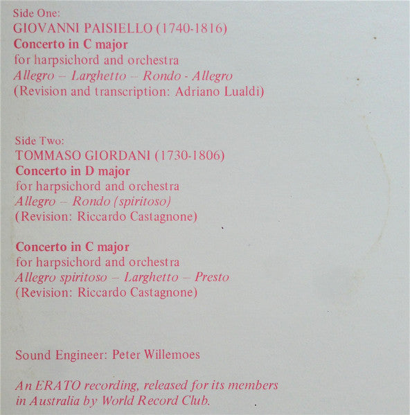 Giovanni Paisiello, Tommaso Giordani : Three Harpsichord Concertos (LP, Album, Club)
