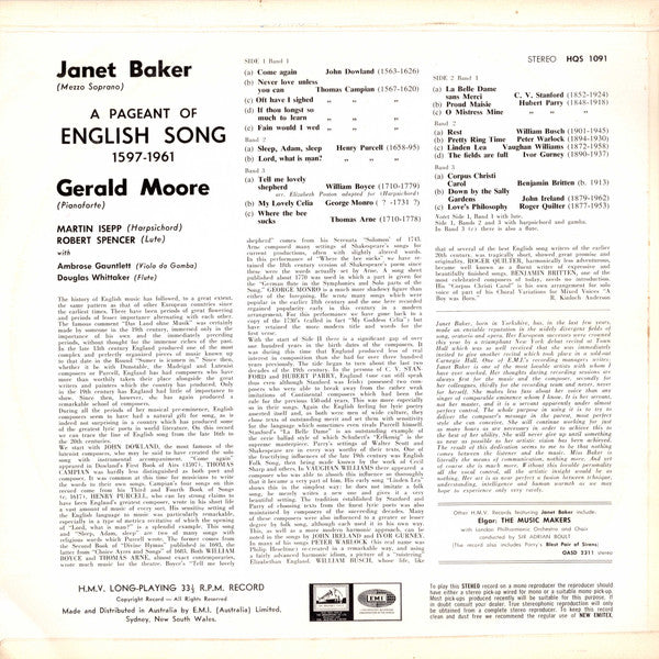 Janet Baker, Gerald Moore, Robert Spencer (2) : A Pageant Of English Song (LP)