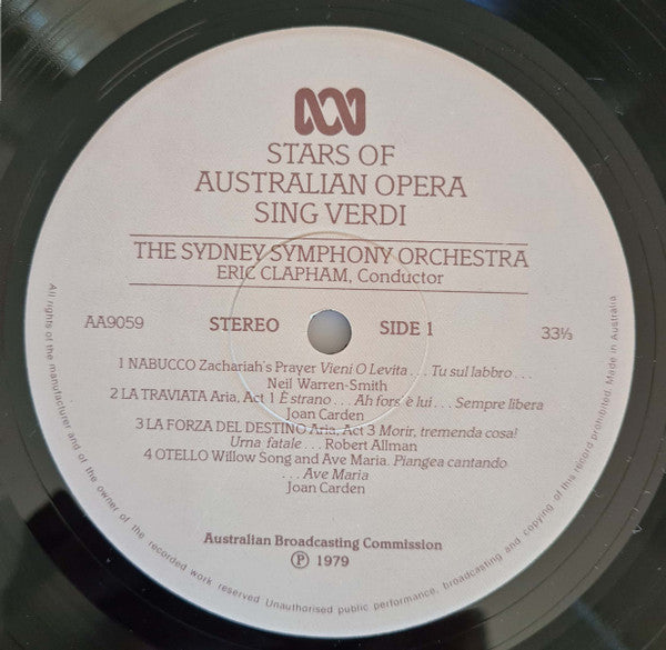 Verdi* • The Sydney Symphony Orchestra*, Eric Clapham, Joan Carden, Lauris Elms, Robert Allman, Neil Warren-Smith : Stars Of The Australian Opera Sing Verdi (LP, Gat)