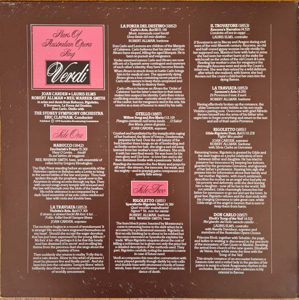 Verdi* • The Sydney Symphony Orchestra*, Eric Clapham, Joan Carden, Lauris Elms, Robert Allman, Neil Warren-Smith : Stars Of The Australian Opera Sing Verdi (LP, Gat)