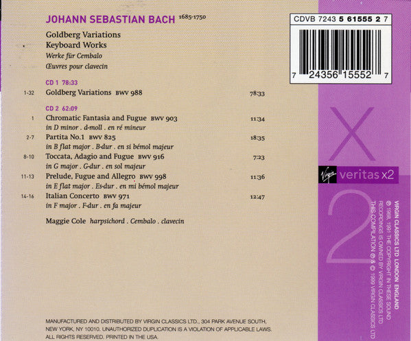 Johann Sebastian Bach, Maggie Cole : Goldberg Variations - Italian Concerto - Chromatic Fantasia & Fugue (2xCD, Comp)