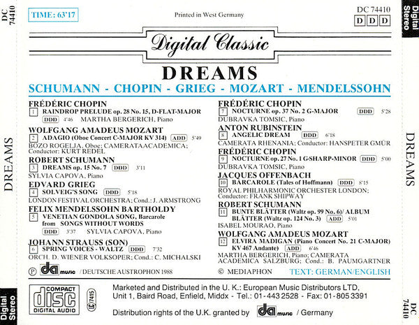 Schumann* - Chopin* - Grieg* - Mozart* - Mendelssohn*, London Festival Orchestra (2), Camerata Academica* Conductors: Kurt Redel, Carl Michalski, Frank Shipway : Dreams (CD, Comp)
