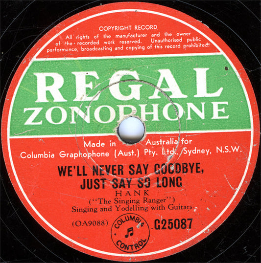 Hank ("The Singing Ranger")* : We'll Never Say Goodbye, Just Say So Long / Lonely And Heartsick (Shellac, 10")