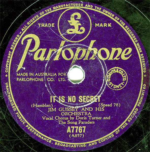 Jim Gussey And His Orchestra : It is No Secret / Mockin' Bird Hill (Shellac, 10")