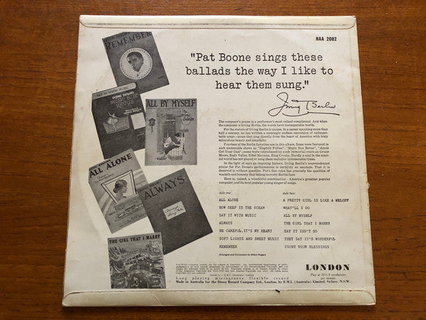 Pat Boone : Pat Boone Sings Irving Berlin (LP, Album, Mono)