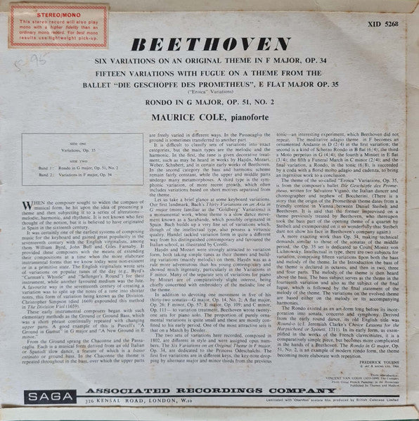 Beethoven* • Maurice Cole : Variations Op. 34 In F Major & Op. 35 "Eroica" / Rondo In G Major Op. 51 No. 2 (LP, Album)