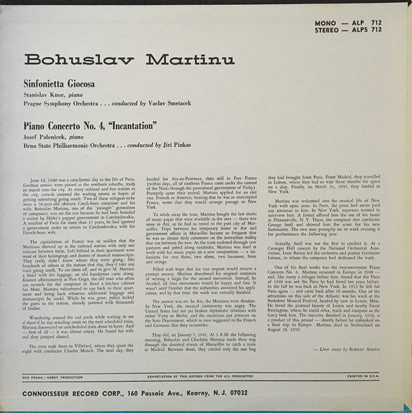 Martinu* : Sinfonietta Giocosa / Piano Concerto No. 4 / "Incantation" (LP)
