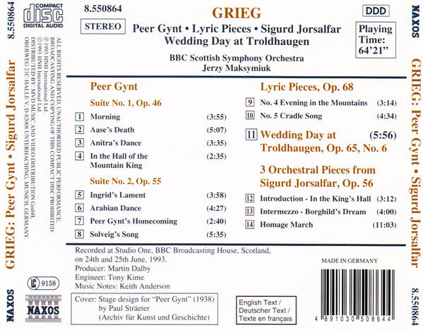 Grieg* / BBC Scottish Symphony Orchestra, Jerzy Maksymiuk : Peer Gynt Suites Nos. 1 & 2 • Lyric Pieces • Sigurd Jorsalfar • Wedding Day At Troldhaugen   (CD, Album, RE)