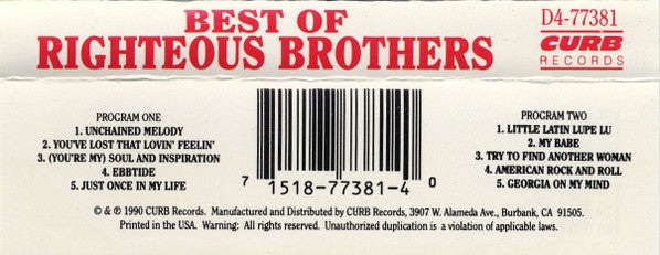 The Righteous Brothers : Best Of Righteous Brothers (Cass, Comp, Dol)