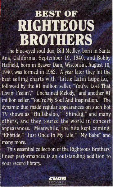 The Righteous Brothers : Best Of Righteous Brothers (Cass, Comp, Dol)