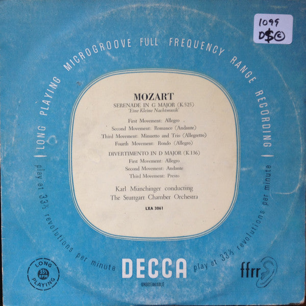 Mozart* - Karl Münchinger Conducting The Stuttgart Chamber Orchestra* : Serenade In G Major (K.525) 'Eine Kleine Nachtmusik' / Divertimento In D Major (K.136) (10", Mono)