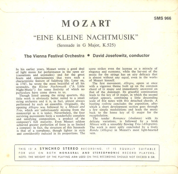 Mozart* - David Josefowitz - Vienna Festival Orchestra* : Eine Kleine Nachtmusik (7")