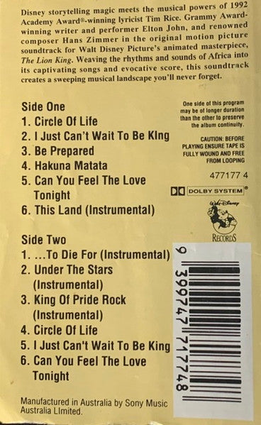 Elton John, Tim Rice, Hans Zimmer : The Lion King (Original Motion Picture Soundtrack) (Cass, Album)