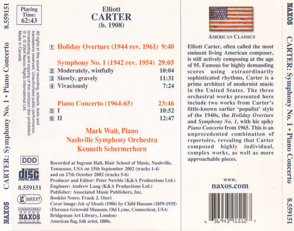 Elliott Carter - Mark Wait, Nashville Symphony Orchestra, Kenneth Schermerhorn : Symphony No. 1 • Piano Concerto (CD, Album)