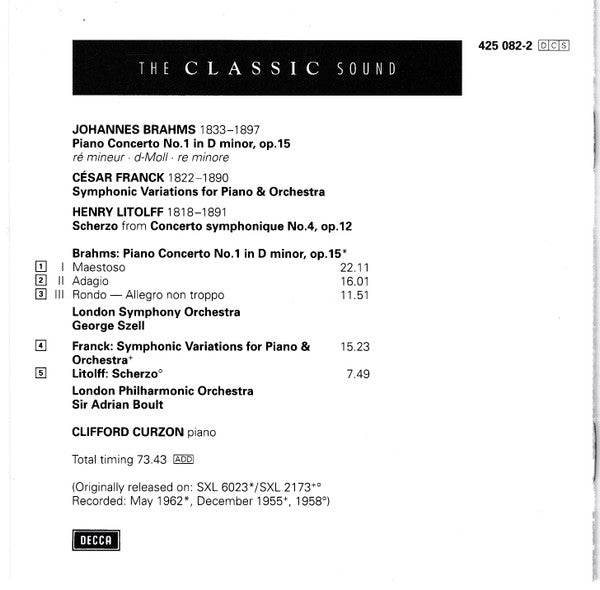 Johannes Brahms, Clifford Curzon, George Szell, London Symphony Orchestra  /  César Franck, Henry Litolff, Sir Adrian Boult, London Philharmonic Orchestra : Brahms: Piano Concerto No. 1  (CD, Comp)