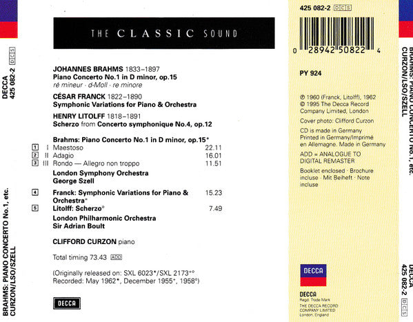 Johannes Brahms, Clifford Curzon, George Szell, London Symphony Orchestra  /  César Franck, Henry Litolff, Sir Adrian Boult, London Philharmonic Orchestra : Brahms: Piano Concerto No. 1  (CD, Comp)