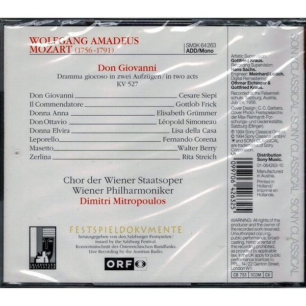 Wolfgang Amadeus Mozart - Siepi* • Della Casa* • Frick* • Grümmer* • Simoneau* • Corena* • Streich* • Berry* • Wiener Philharmoniker • Dimitri Mitropoulos : Don Giovanni (3xCD, Album, Mono, RE, RM)
