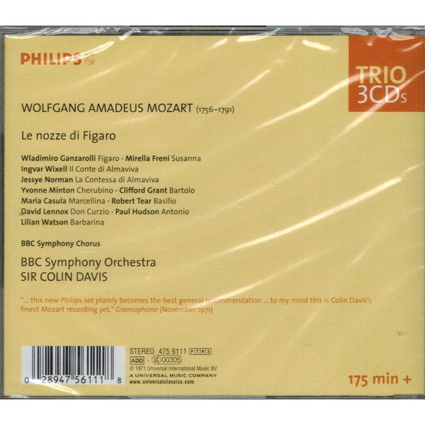 Wolfgang Amadeus Mozart - Wladimiro Ganzarolli • Mirella Freni • Ingvar Wixell • Jessye Norman • Yvonne Minton • Clifford Grant • Maria Casula • Robert Tear • BBC Symphony Orchestra • Sir Colin Davis : Le Nozze Di Figaro (3xCD, Album, RE, RM)