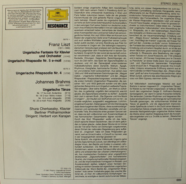 Franz Liszt, Johannes Brahms, Shura Cherkassky, Berliner Philharmoniker, Herbert von Karajan : Ungarische Fantasie · Ungarische Rhapsodien Nr. 4 Und Nr. 5 / Ungarische Tänze Nr. 17·18·19 Und 20 (LP, Comp, RP)