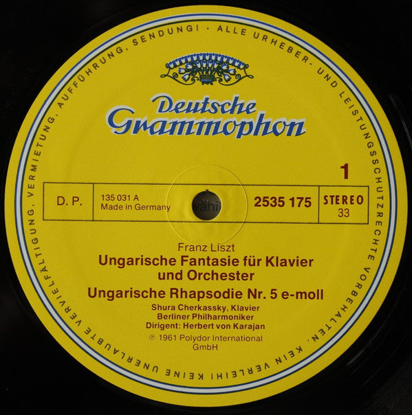Franz Liszt, Johannes Brahms, Shura Cherkassky, Berliner Philharmoniker, Herbert von Karajan : Ungarische Fantasie · Ungarische Rhapsodien Nr. 4 Und Nr. 5 / Ungarische Tänze Nr. 17·18·19 Und 20 (LP, Comp, RP)