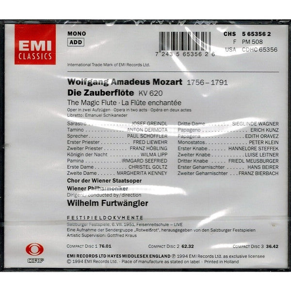 Wolfgang Amadeus Mozart - Wilma Lipp • Irmgard Seefried • Anton Dermota • Erich Kunz • Josef Greindl • Paul Schöffler • Wiener Staatsopernchor • Wiener Philharmoniker • Wilhelm Furtwängler : Die Zauberflöte (3xCD, Album, Mono, RE, RM)