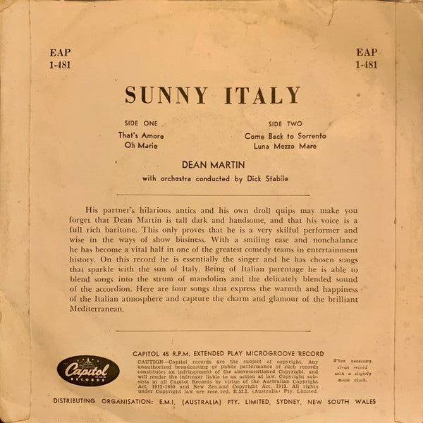 Dean Martin : Sunny Italy  (7", EP, Mono)