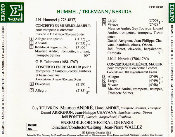 Hummel* / Telemann* / Neruda* - Maurice André, Guy Touvron, Lionel André, Ensemble Orchestral De Paris, Jean-Pierre Wallez : Concerto Pour Trompette (CD, Album)