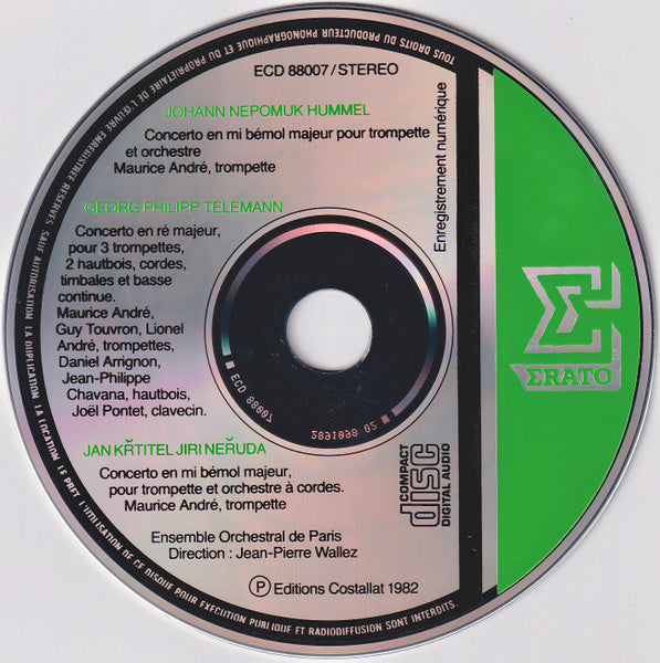 Hummel* / Telemann* / Neruda* - Maurice André, Guy Touvron, Lionel André, Ensemble Orchestral De Paris, Jean-Pierre Wallez : Concerto Pour Trompette (CD, Album)