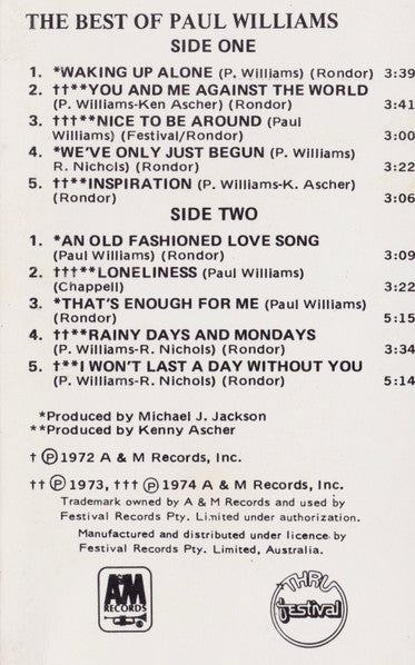 Paul Williams (2) : The Best Of Paul Williams (Cass, Comp)