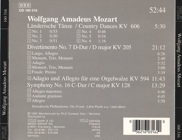 Wolfgang Amadeus Mozart – Slowakische Philharmonie*, Libor Pešek, Unknown Artist : Länderische Tänze = Country Dances / Divertimento No. 7 / Symphony No. 17 (CD, Album)