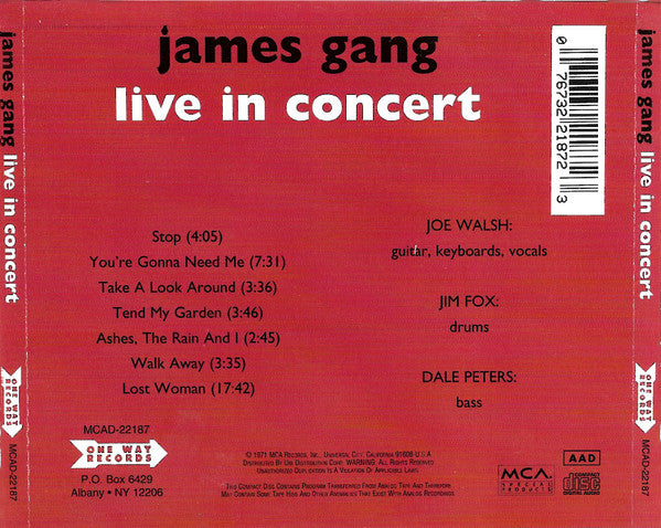James Gang : Live In Concert (CD, Album, RE)